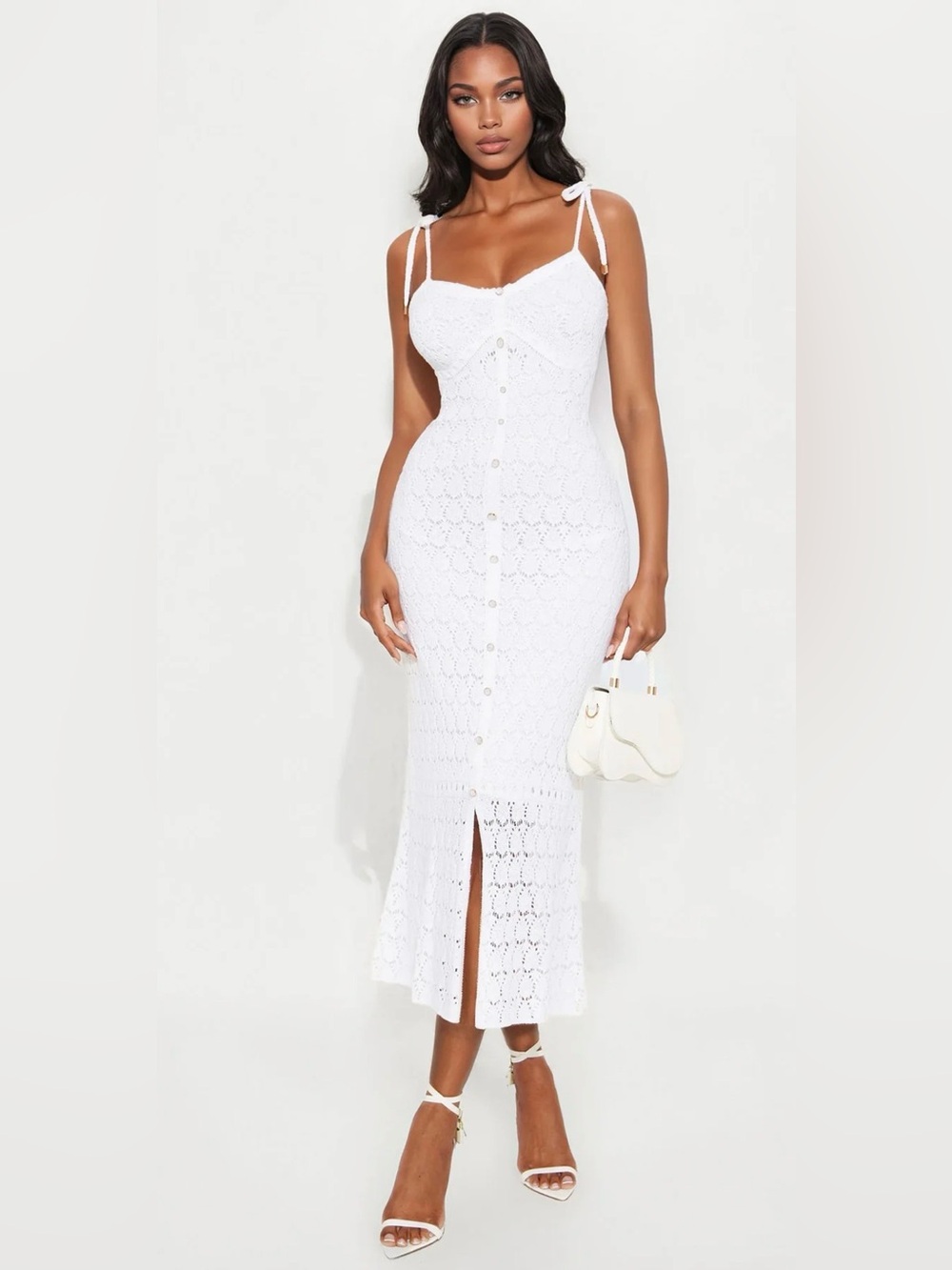 Lace Pearl Button-Front Maxi Dress scallop Crochet - White-XS- never worn! - Picture 7 of 8